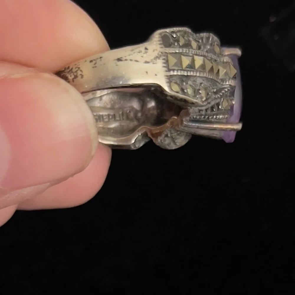 Judith Jack 925 Sterling Silver Amethyst & Marcasite Art Deco Size 6.5 Ring